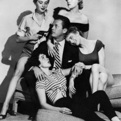 Ralph Meeker, Gaby Rodgers, Marian Carr, Cloris Leachman, and Maxine Cooper in a promotional photograph for Kiss Me Deadly, 1955