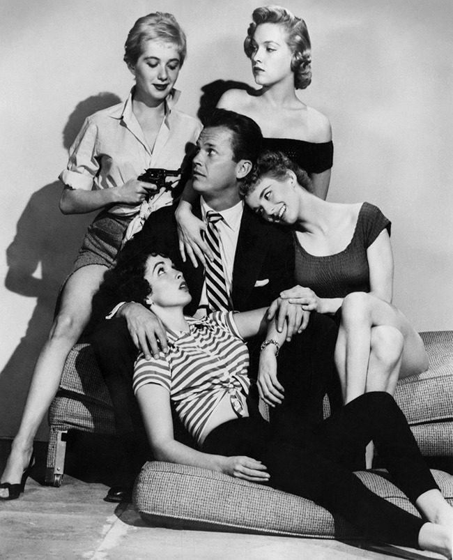 Ralph Meeker, Gaby Rodgers, Marian Carr, Cloris Leachman, and Maxine Cooper in a promotional photograph for Kiss Me Deadly, 1955