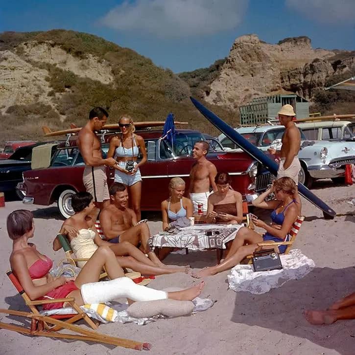 by @5_Frog_Margin Southern Calfornia beach party with surfers and their Chevrolet Nomad, 1957. via r:TheWayWeWere