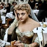 Angela Lansbury having lunch at the Paramount studio commissary while in costume for the filming of The Court Jester, 1955