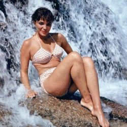 Joan Collins posing in a bikini