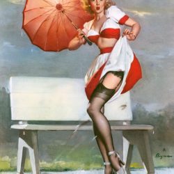 Gil Elvgren – I’ve Been Spotted – April 1952 American Beauties Calendar Illustration – Originally painted in 1949 – Brown & Bigelow Calendar Co.