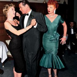 Barbara Eden with Desi and Lucy in a colorized promotional photo for The I Love Lucy episode, Country Club Dance.