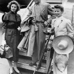 Lauren Bacall, Humphrey Bogart, and Katharine Hepburn arriving in London after the filming of The African Queen (1951).