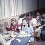 Lunch at the MGM commissary- Janet Leigh, Grace Kelly, Ann Blyth. Stewart Granger, Elizabeth Taylor, John Ericson, Marge Champion, and Louis Calhern at the MGM commissary, 1955