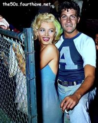 Fellow Fox Stars, Dale Robertson and Marilyn Monroe at the Entertainers Baseball Game at Gilmore Field in Hollywood (1952)